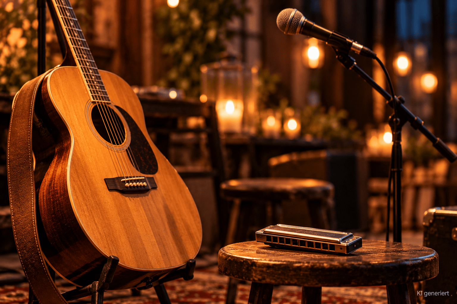 Akustikgitarre Und Mundharmonika Im Kerzenschein