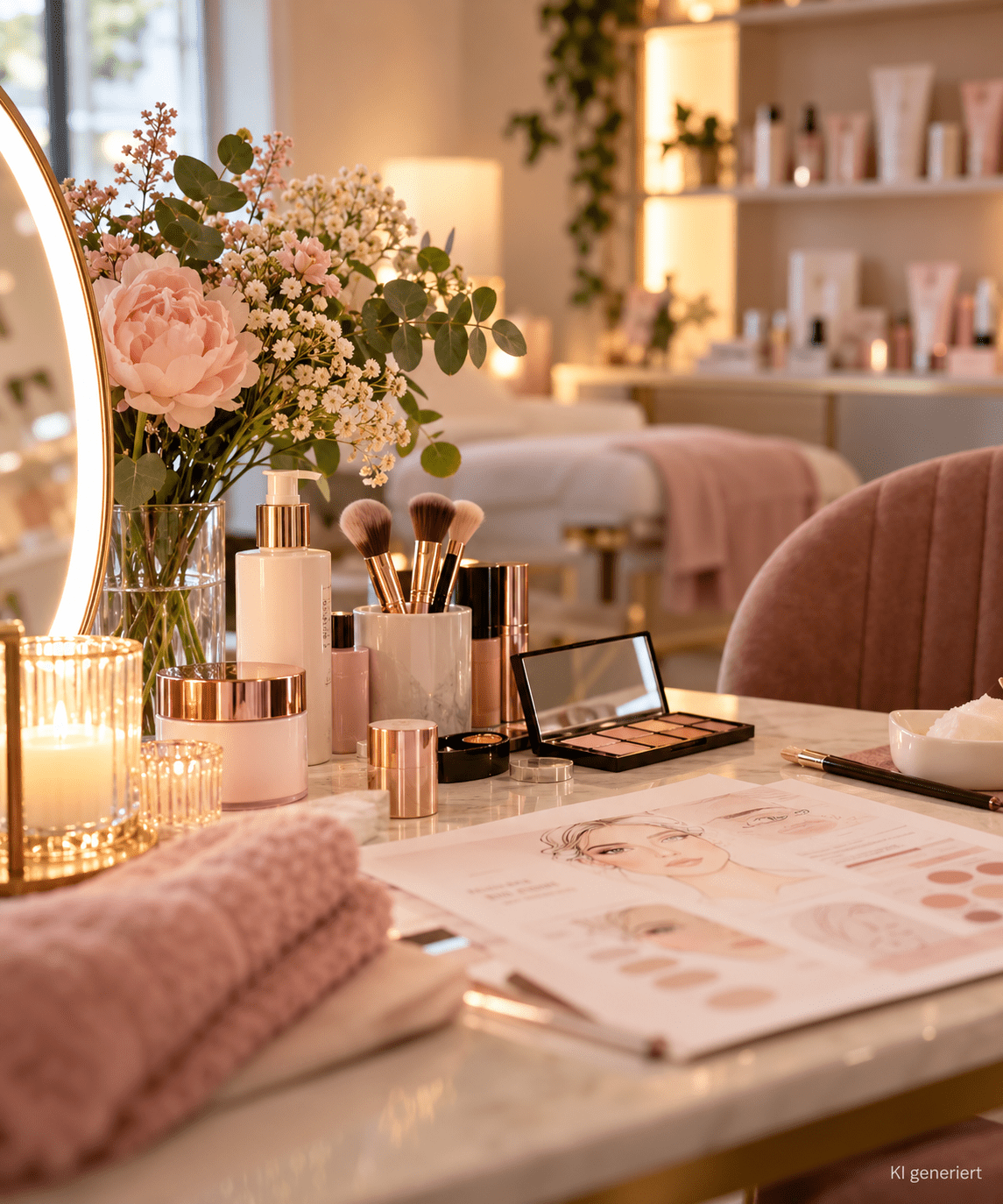 Elegantes Beauty Studio Mit Kosmetik Und Blumen
